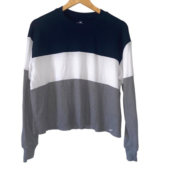 Hollister Stripe Oversized Boyfriend Tee Shirt Waffle Sweater Top Size XS ~ - Picture 1 of 3